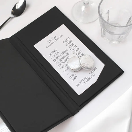 Black Buckram Bill Presenter open -  in restaurant setting 