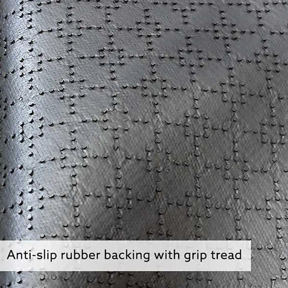Close-up of anti-slip rubber backing with grip tread on a textured surface.