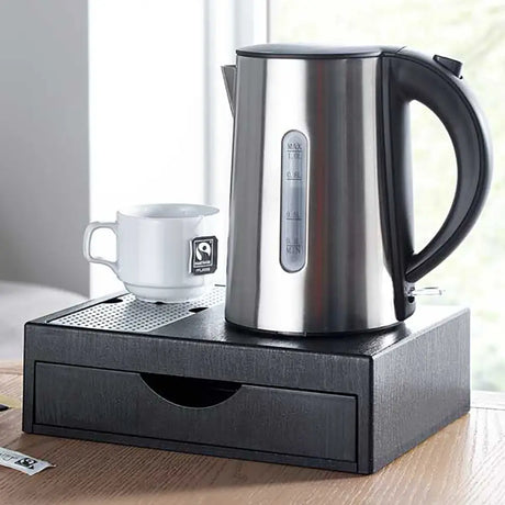  sleek black painted kettle tray with natural wood texture - the kettle base neatly stows the kettle cable - Draw closed