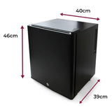 Black hotel minibar fridge with dimensions labelled – 40cm wide, 46cm high, 39cm deep
