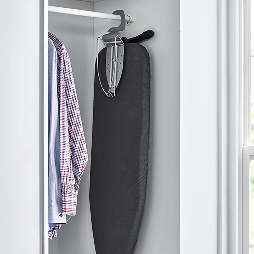 Anti-Theft Ironing Board Rest & Hanger in lifestyle hung up in wardrobe 