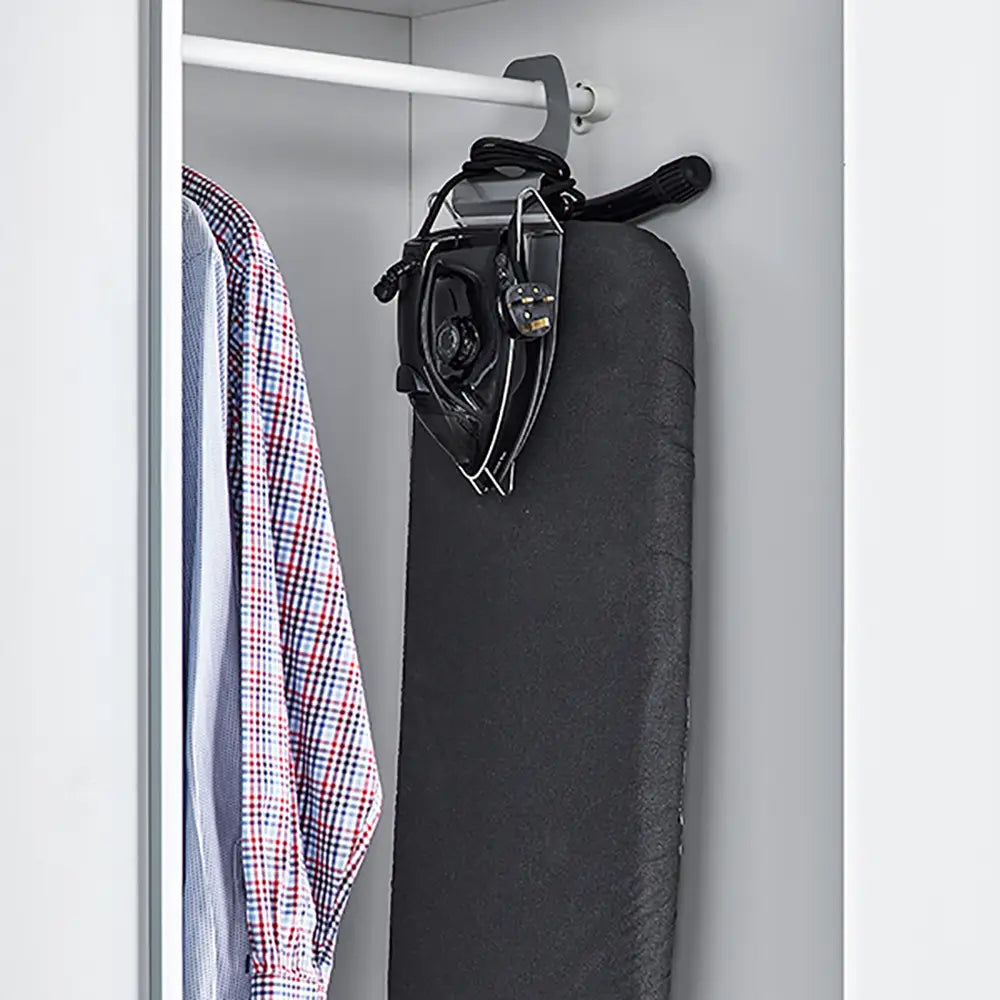 Anti-Theft Ironing Board Rest & Hanger in lifestyle hung up in wardrobe 