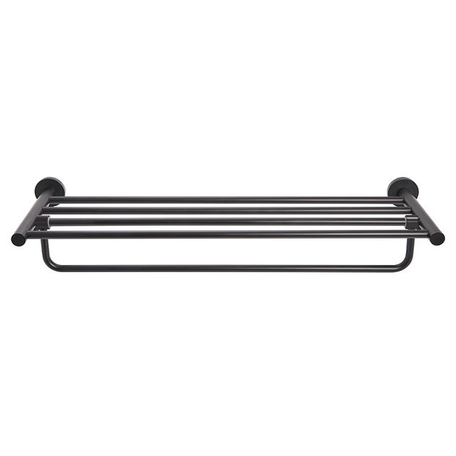 Black towel rail with shelf on a white background