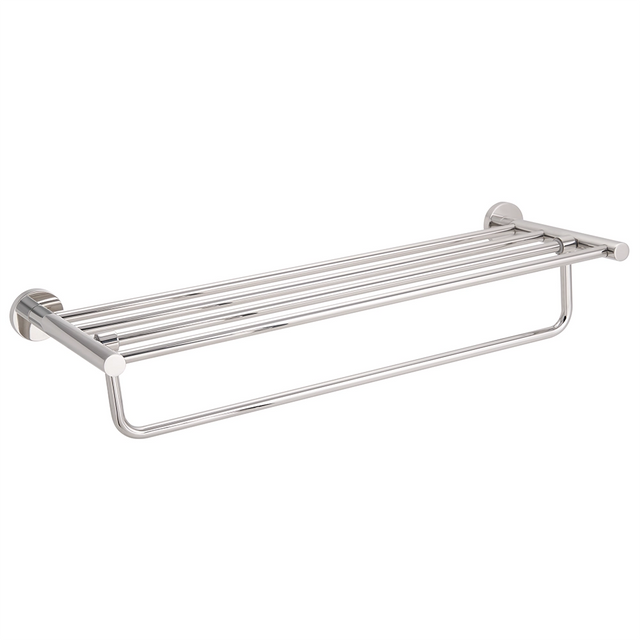 Chrome towel rail with shelf on white background
