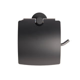 Black metal toilet paper holder on a white background