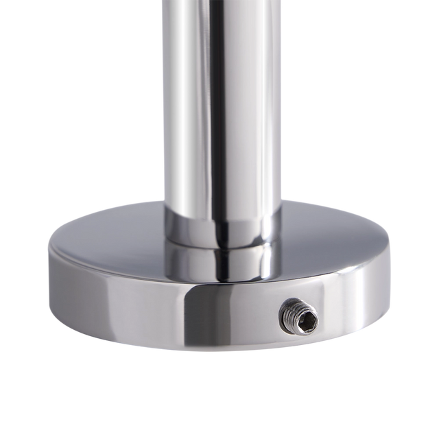 Chrome cylindrical fitting with a round base on a white background