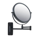 Black wall-mounted makeup mirror with adjustable arm on a white background