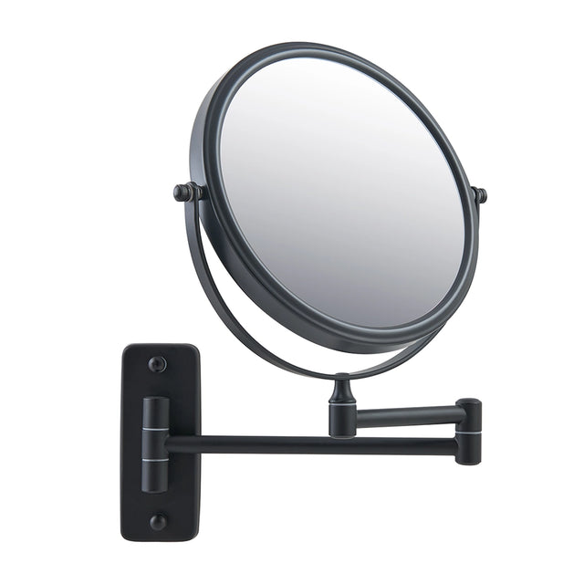 Black wall-mounted makeup mirror with adjustable arm on a white background