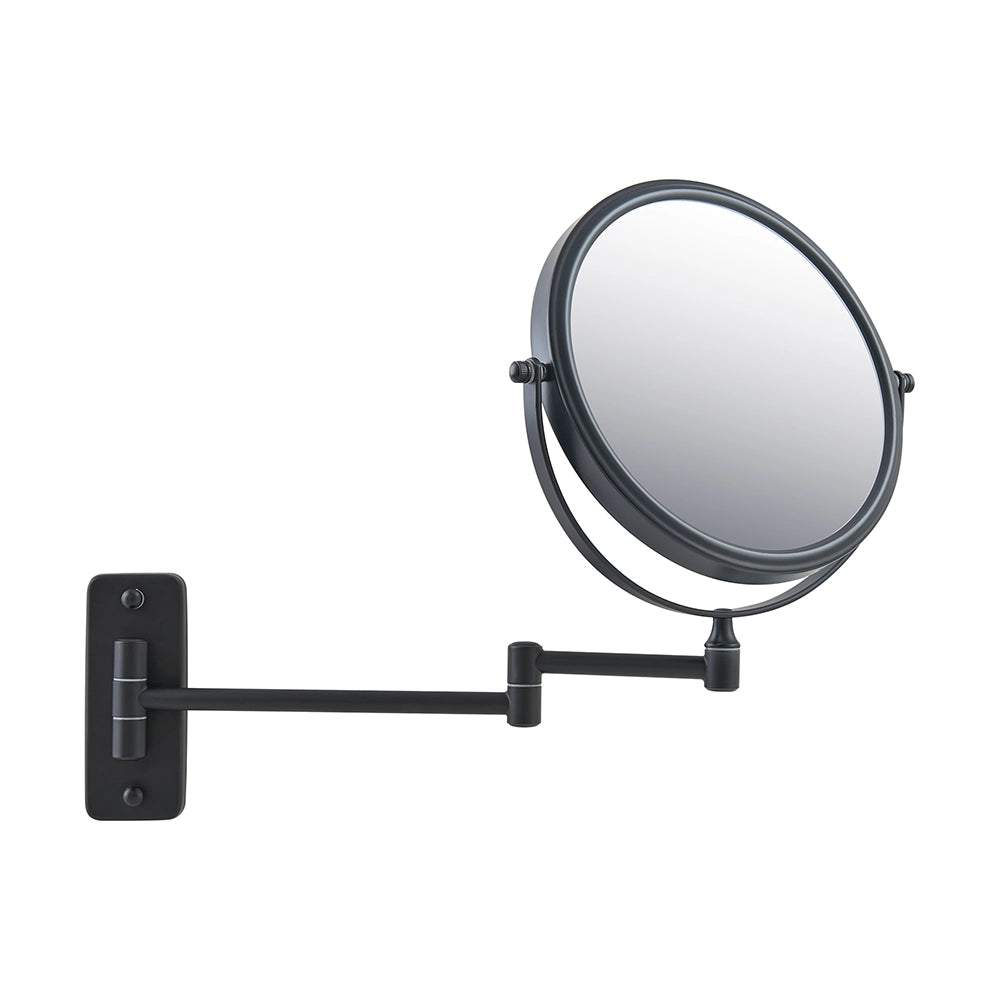 Black wall-mounted vanity mirror with a extendable arm on a white background