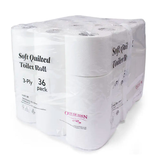 Pack of soft quilted toilet rolls with 'Out of Eden' branding on a white background