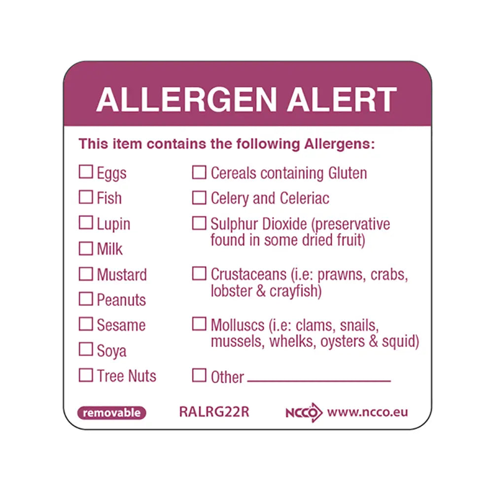 Allergen alert label with checkboxes for various allergens on a white background