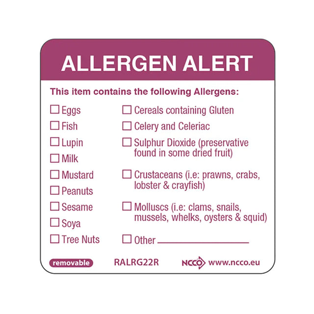 Allergen alert label with checkboxes for various allergens on a white background