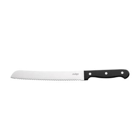 Judge Bread Knife Serrated bread knife with black handle on a white background