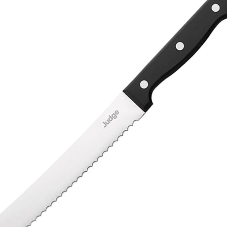 Judge BreadKnife Serrated bread knife with black handle on a white background