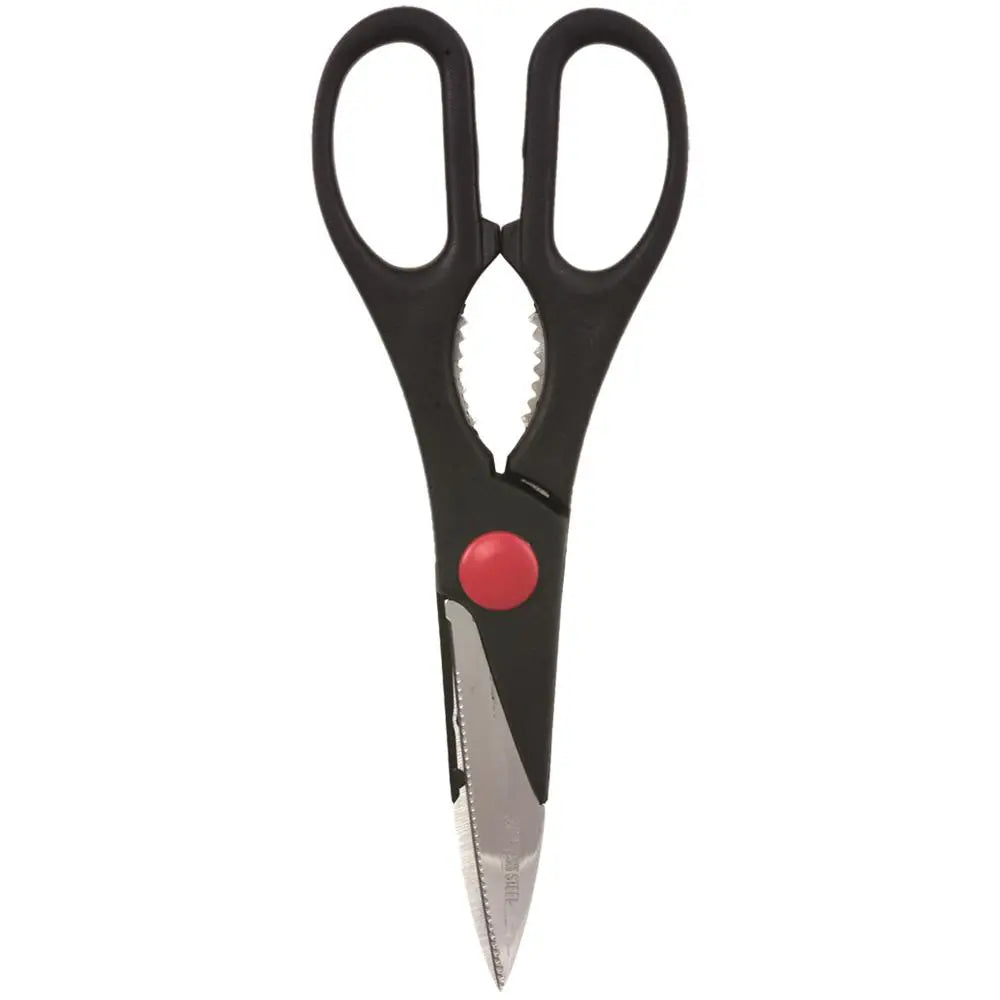 Kitchen scissors featuring strong stainless steel blades and comfortable plastic handles, as well as a built-in nut cracker.
