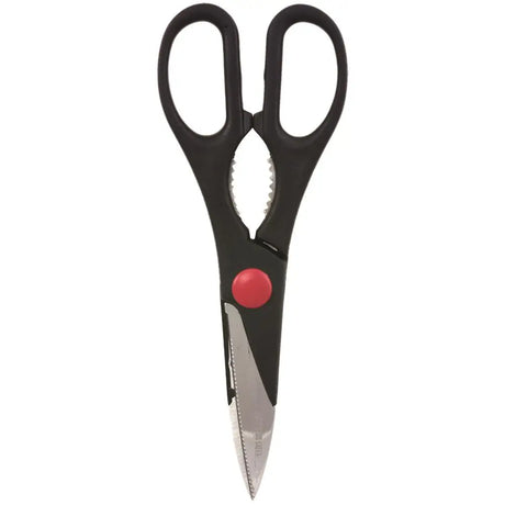 Kitchen scissors featuring strong stainless steel blades and comfortable plastic handles, as well as a built-in nut cracker.