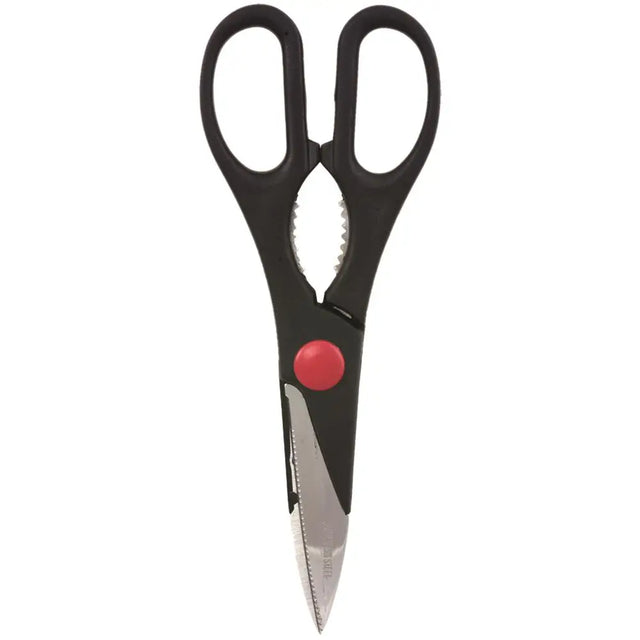 Kitchen scissors featuring strong stainless steel blades and comfortable plastic handles, as well as a built-in nut cracker.