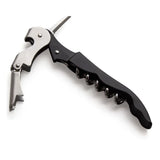 Bottle Opener Corkscrew with black and silver design on a white background