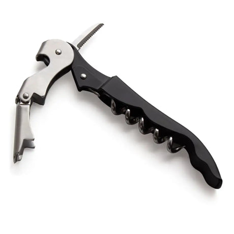 Bottle Opener Corkscrew with black and silver design on a white background