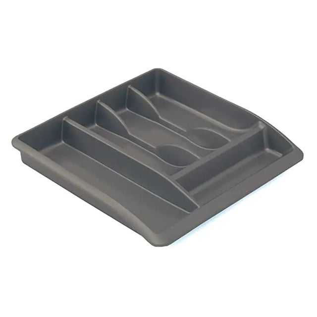 Grey robust cutlery drawer organiser is made in the UK from 100% recycled sustainably sourced plastic