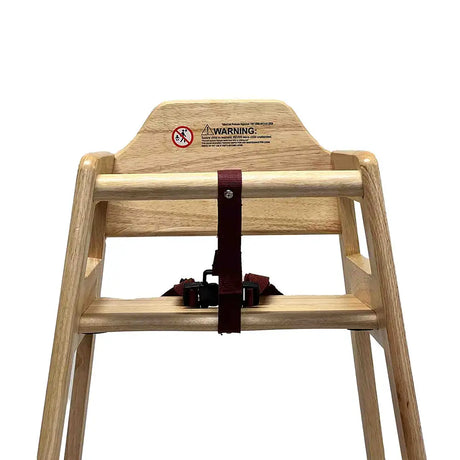 Wooden high chair with safety straps on a white background