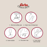 Darbo dispenser instructions: remove safety seal, open top of dispenser, insert bottle, flip open cap, push lever downwards