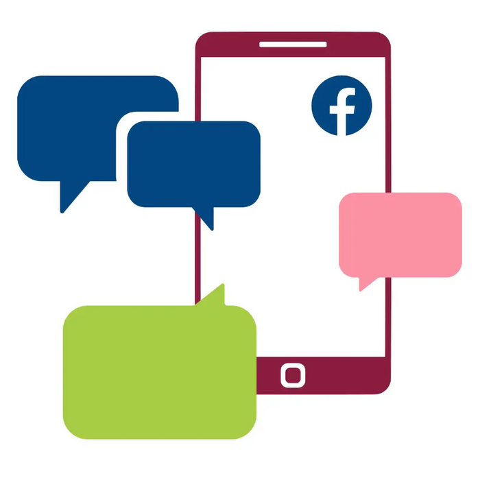 Facebook social media icon on smartphone with speech bubbles