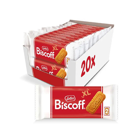 Packaging of Lotus Biscoff biscuits with a display box on a white background