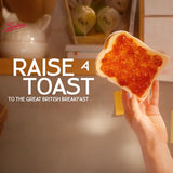 Hand holding a piece of toast with jam, with 'Tiptree' branding and text 'Raise a Toast to the Great British Breakfast'.